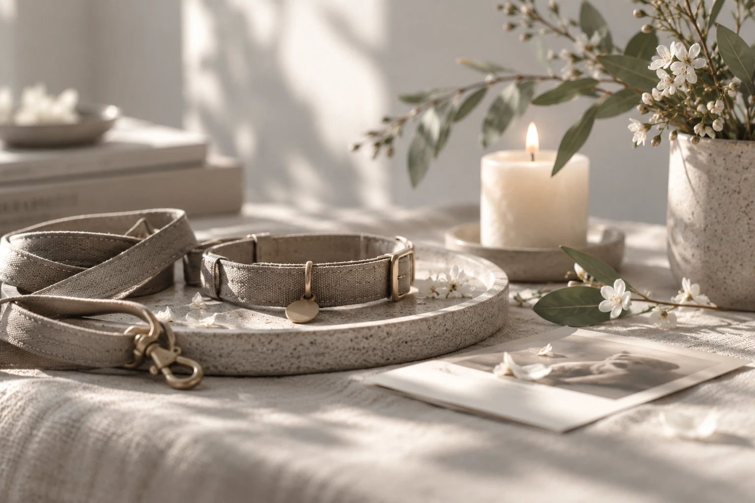 A dog collar and lead with a candle, flowers and a photograph
